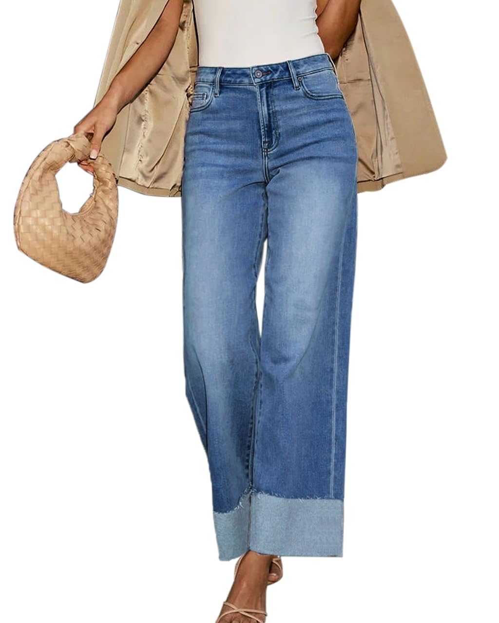 High Waisted Wide Leg Cuffed Jeans for Women Frayed Raw Hem 2026