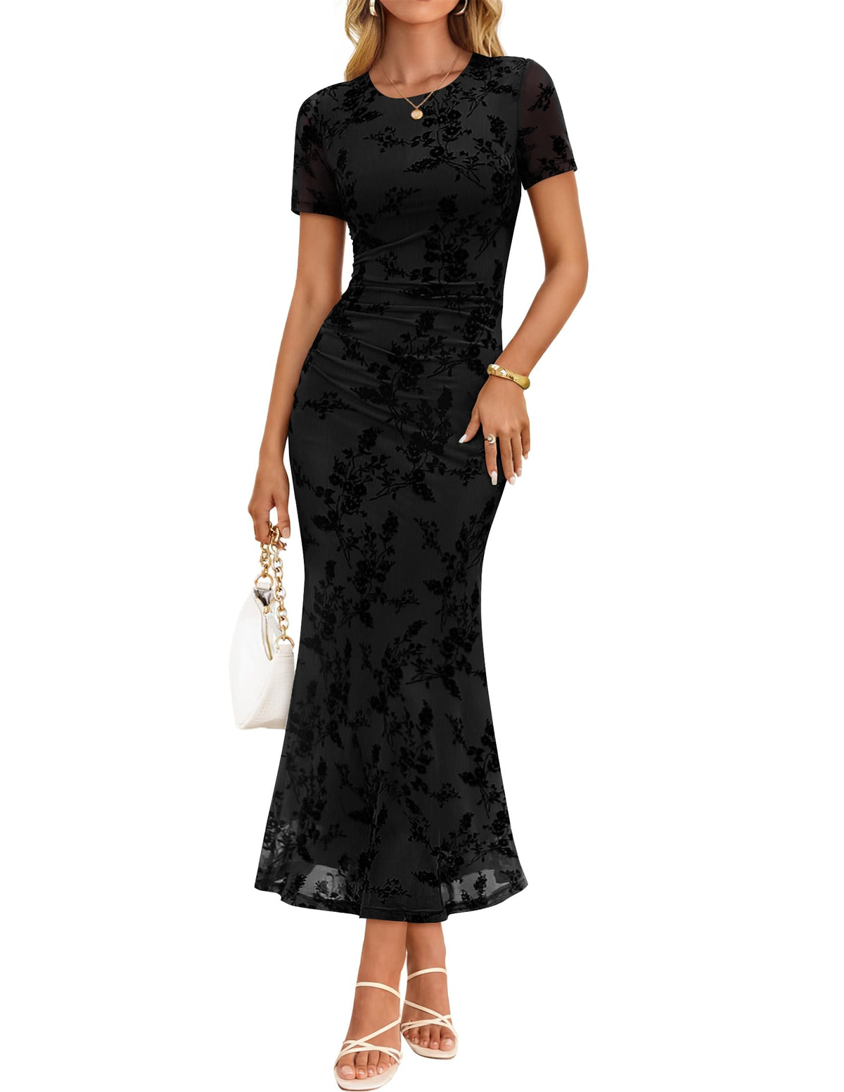 ZESICA Women Summer 2026 Floral Short Sleeve Bodycon Mesh Maxi Formal Dress