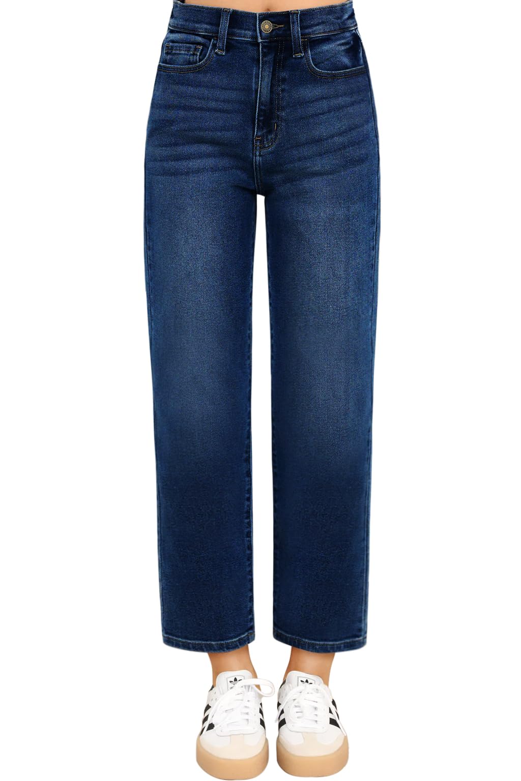 KDF Women's Cropped Straight Leg Jeans - High Waisted Jeans for Women 7/8 Length Denim Pants with Crop Hem