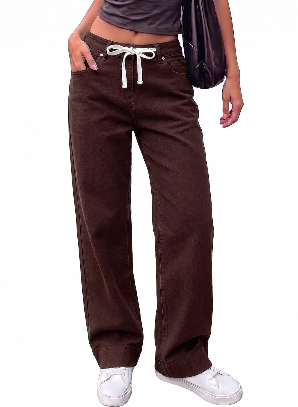 Sidefeel Women's High Waisted Straight Leg Jeans Drawstring Denim Pants