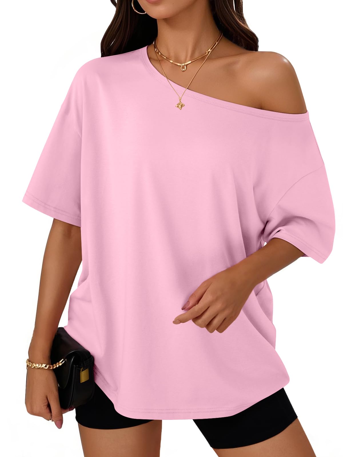 Trendy Queen Womens Off the Shoulder Tops Oversized Summer T-Shirts 2026