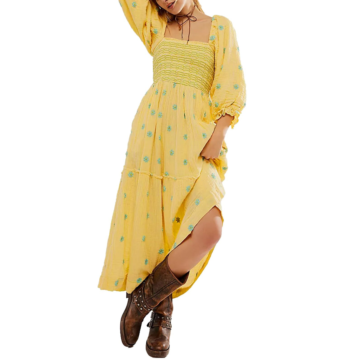 ABYOVRT Women Floral Embroidered Maxi Dress Long Puff Sleeve Square Neck Bohemian Flowy Dress with Pockets Summer Fall