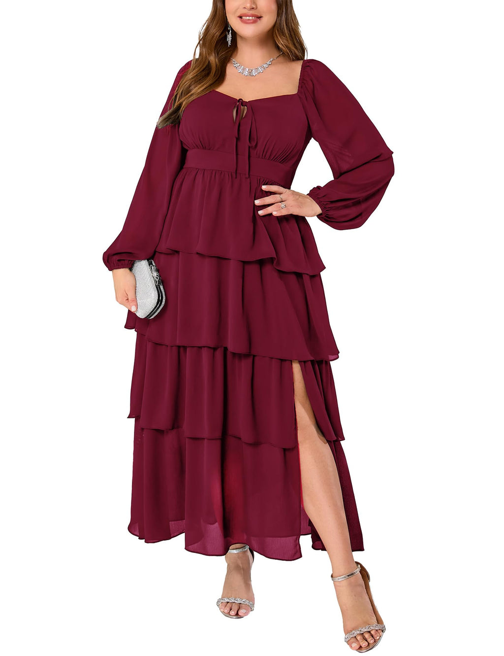EYWOL Plus Size Long Sleeve Floral Tiered Semi Formal Wedding Guest Dress