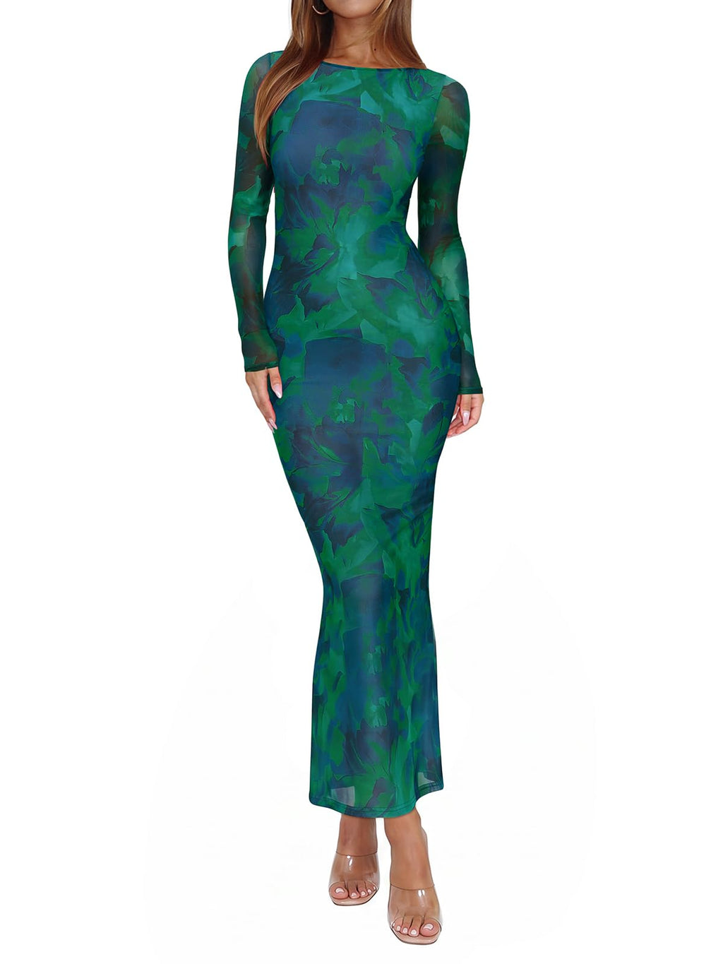 REORIA Women's Fall Mesh Sheer Long Sleeve Wedding Guest Dress Sexy Floral Bodycon Maxi Long Dresses