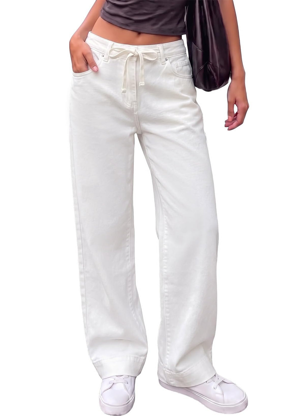 Sidefeel Women's High Waisted Straight Leg Jeans Drawstring Denim Pants