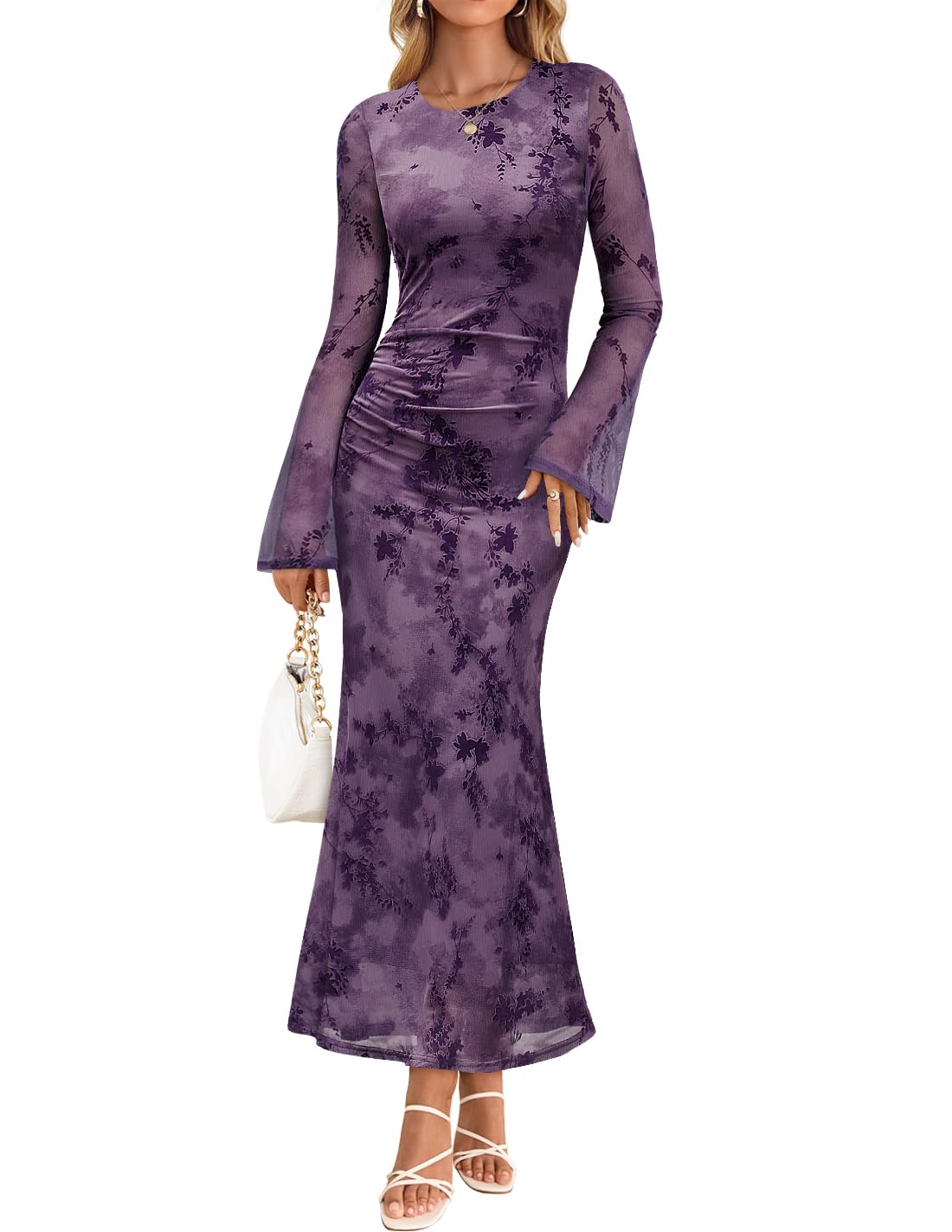 ZESICA Womens Long Sleeve Floral Fall Bodycon Ruched Mesh Maxi Formal Dress