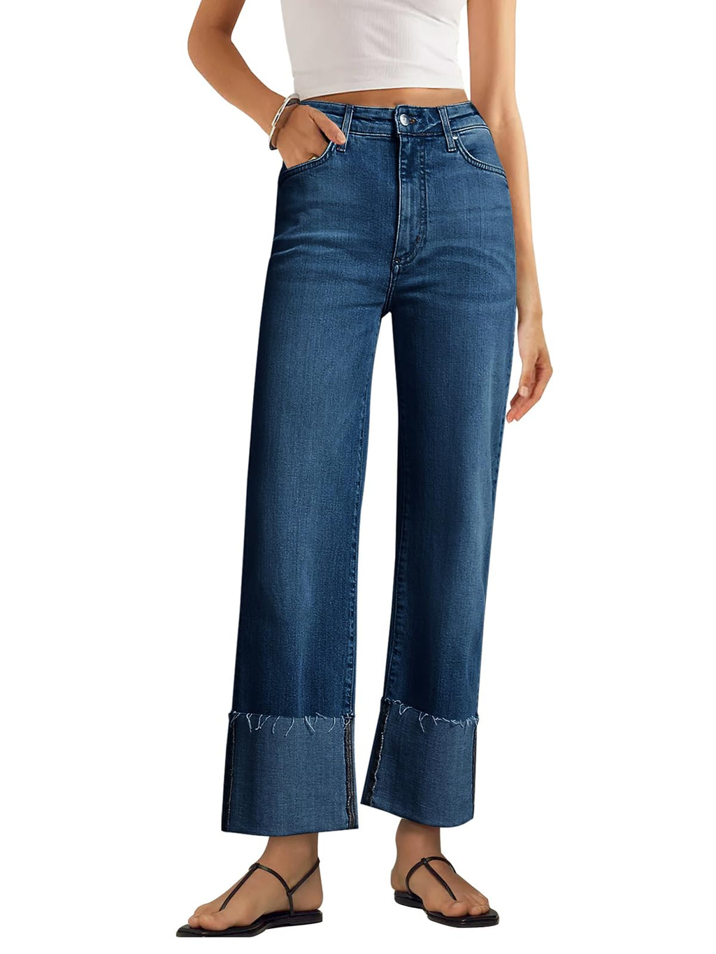 KUNMI Women's Wide Leg Jeans High Waisted Straight Leg Stretchy Denim Pants with Pockets