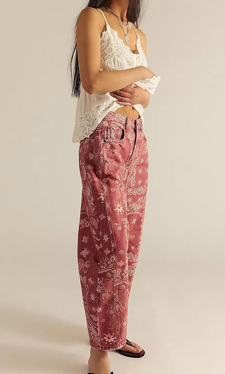loveimgs Women Boyfriend Baggy Barrel Jeans Floral Print Denim Ankle Pants Wide Leg Mid Rise Jeans Sweatpants Y2k Patchwork
