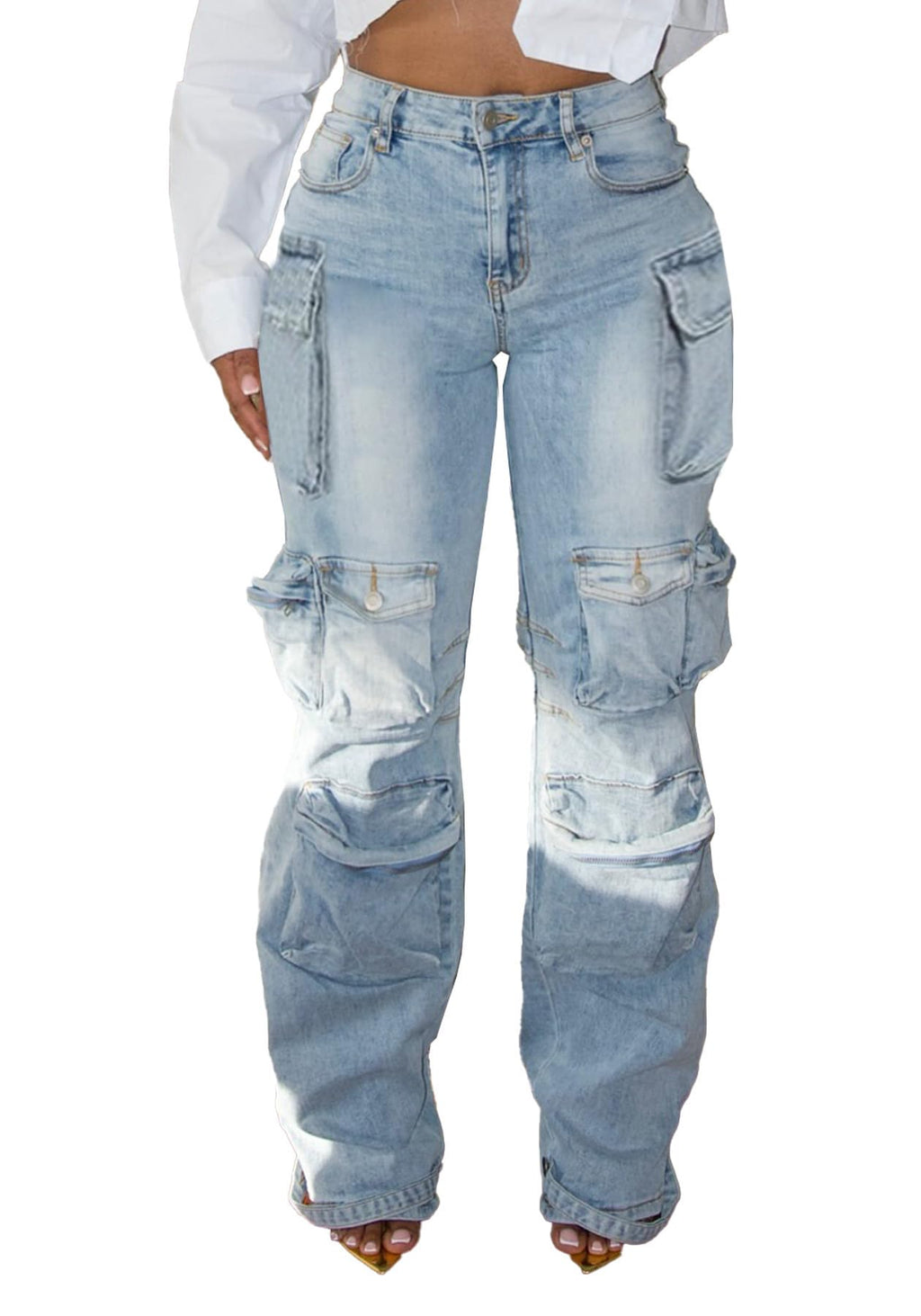 LKOUS Women's Cargo Baggy Straight Jeans Streetwear Y2K Multi Pocket