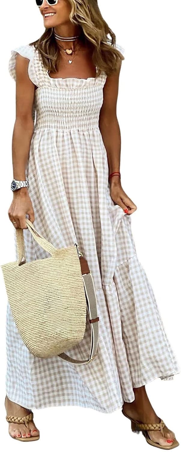 chouyatou Women's Retro Plaid Smocked Dress Spaghetti Strap Flounce Long Dress