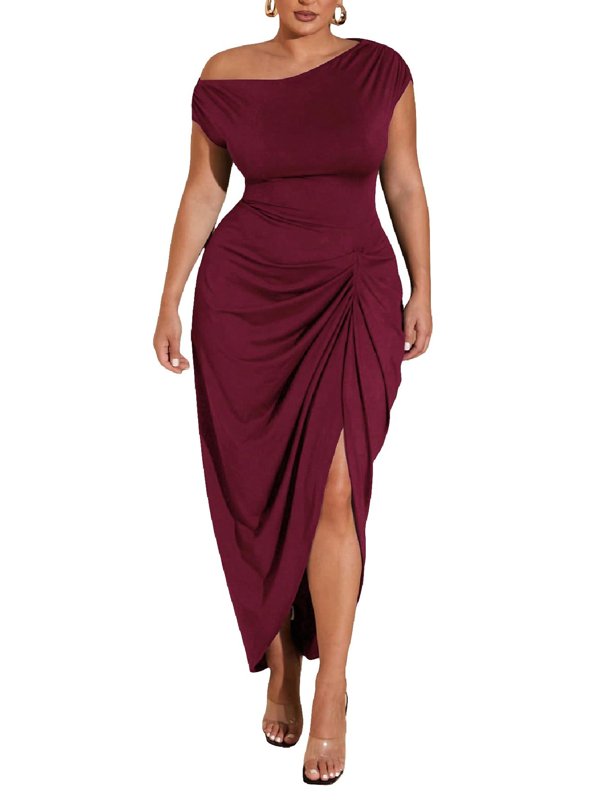 Floerns Women's Plus Size Asymmetrical Neck Ruched Slit Hem Cocktail Dress