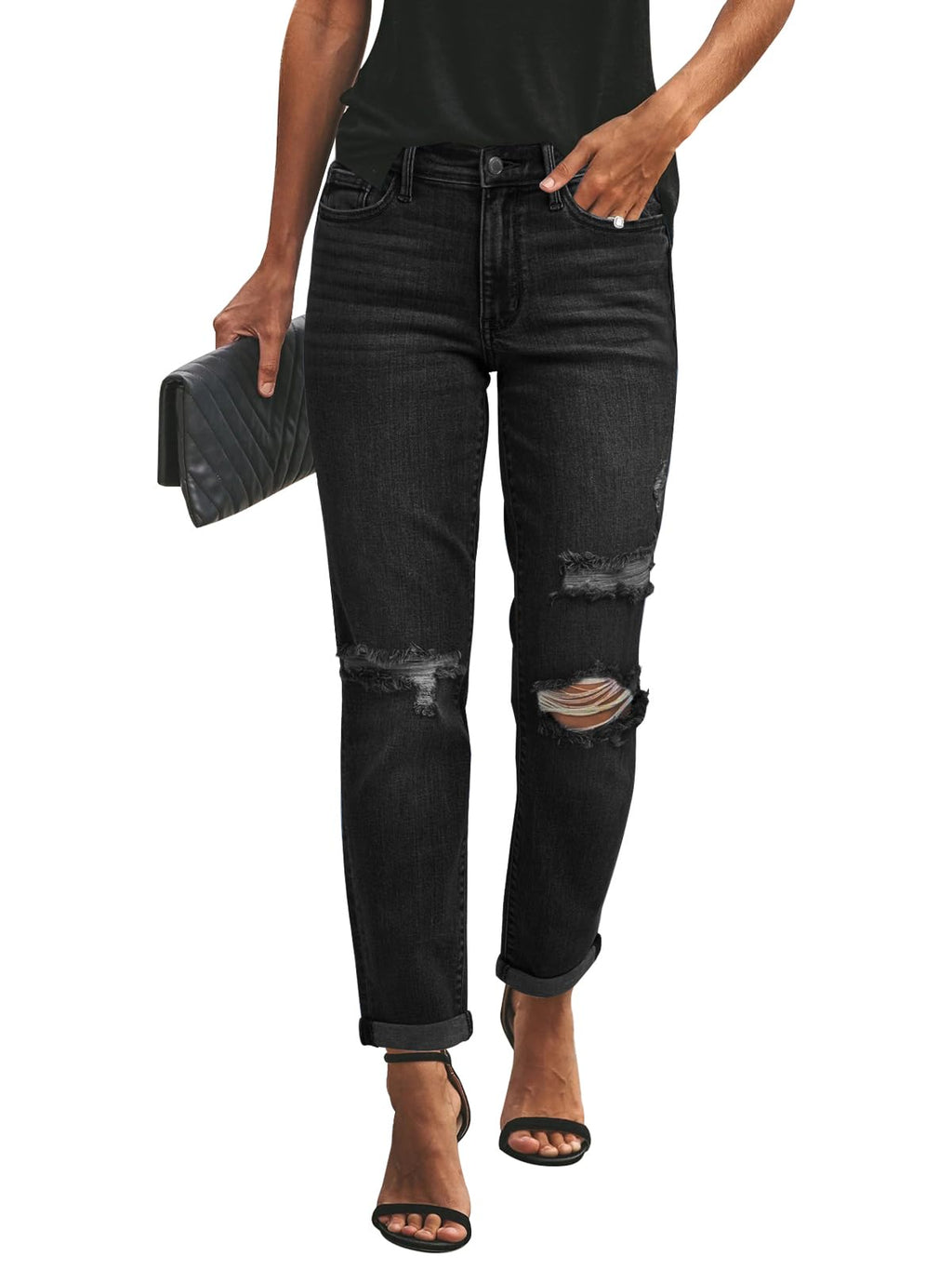KUNMI Women's Ripped Mid Waisted Boyfriend Jeans Loose Fit Distressed Stretchy Denim Pants