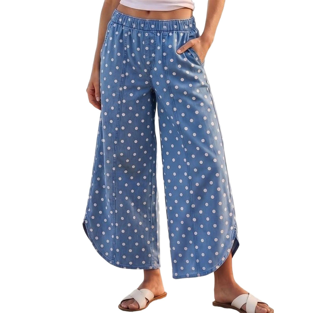 Women's Elastic Waist Wide Leg Jeans Tulip Hem Casual Cropped Denim Pants