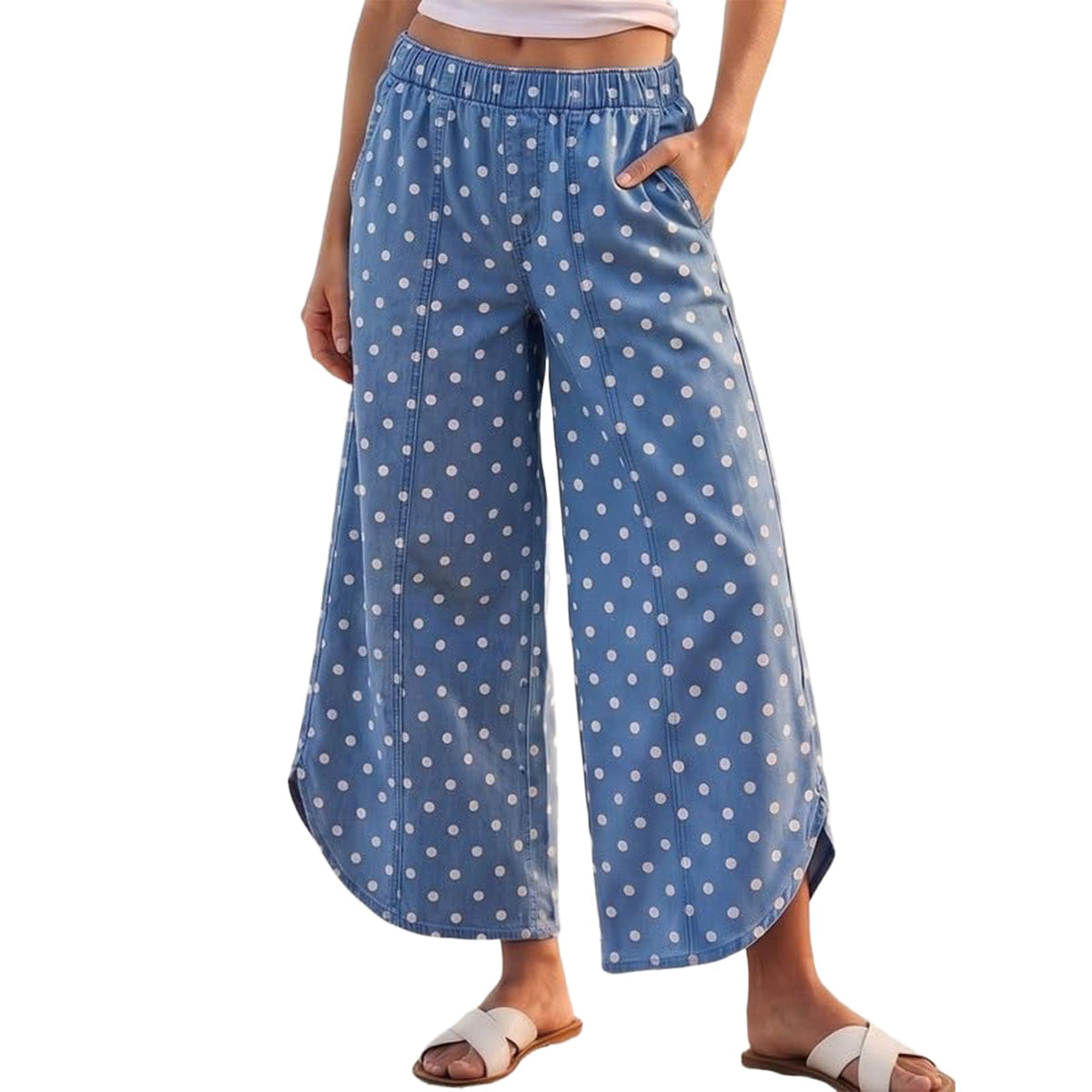 Women's Elastic Waist Wide Leg Jeans Tulip Hem Casual Cropped Denim Pants