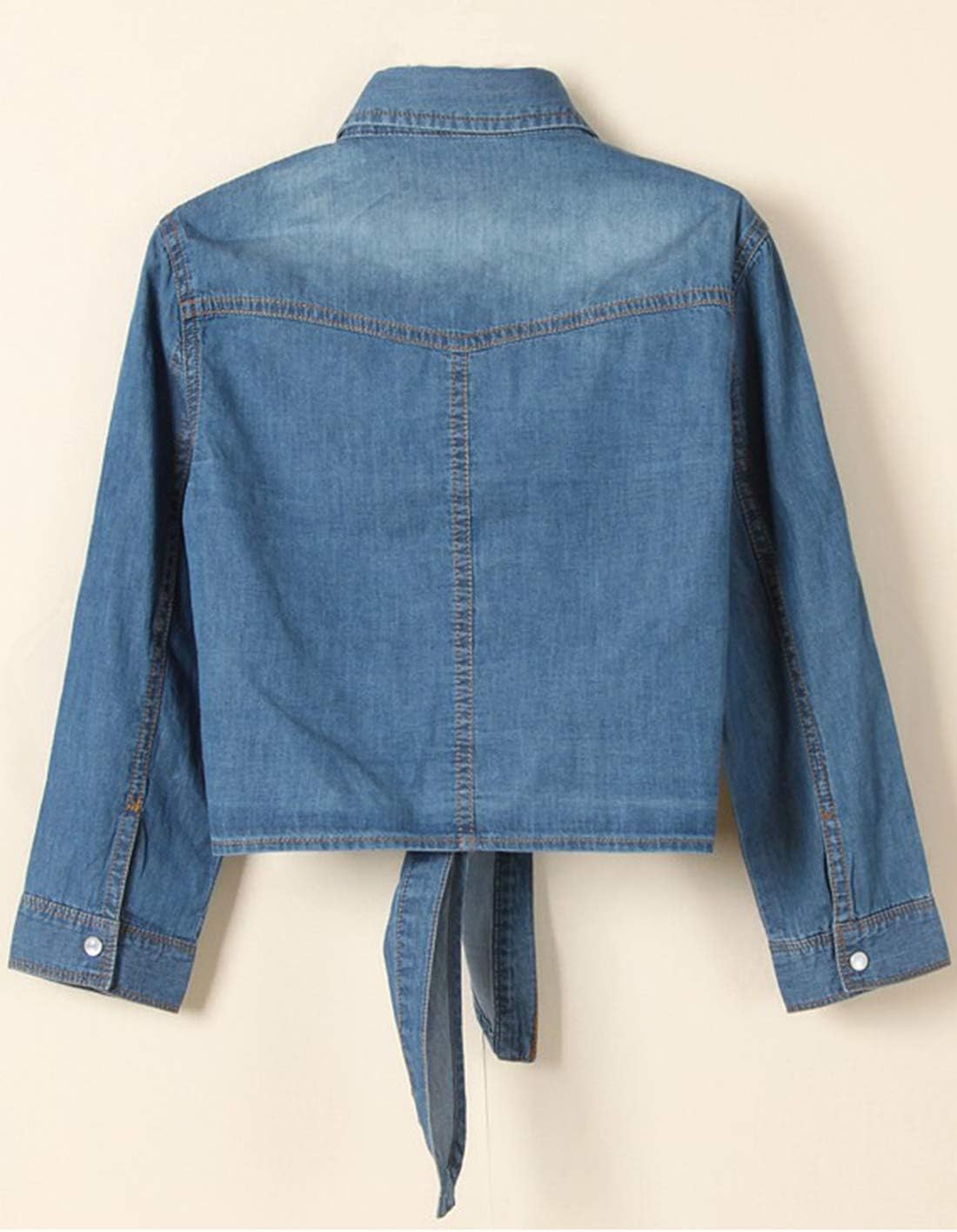 Women's Denim Shirt Roll Up 3/4 Sleeve Tie Front Knot Chambray Crop Top