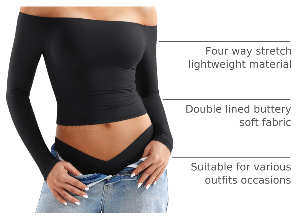 YEOREO Ease Women Off Shoulder Long Sleeve Shirts Double Lined Basic Top
