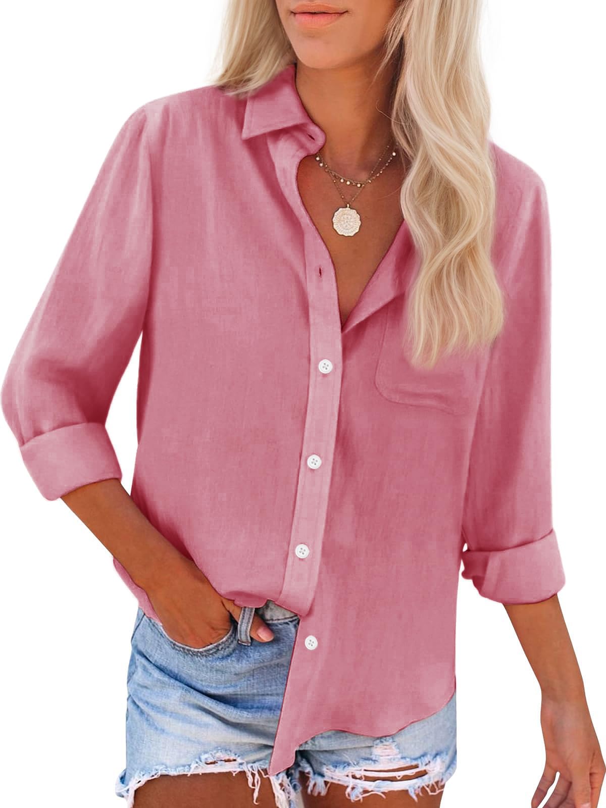 Womens Button Down Shirts Cotton Dress Shirts Oxford Shirts Long Sleeve Work Blouses Collared Tops Tunics with Pocket