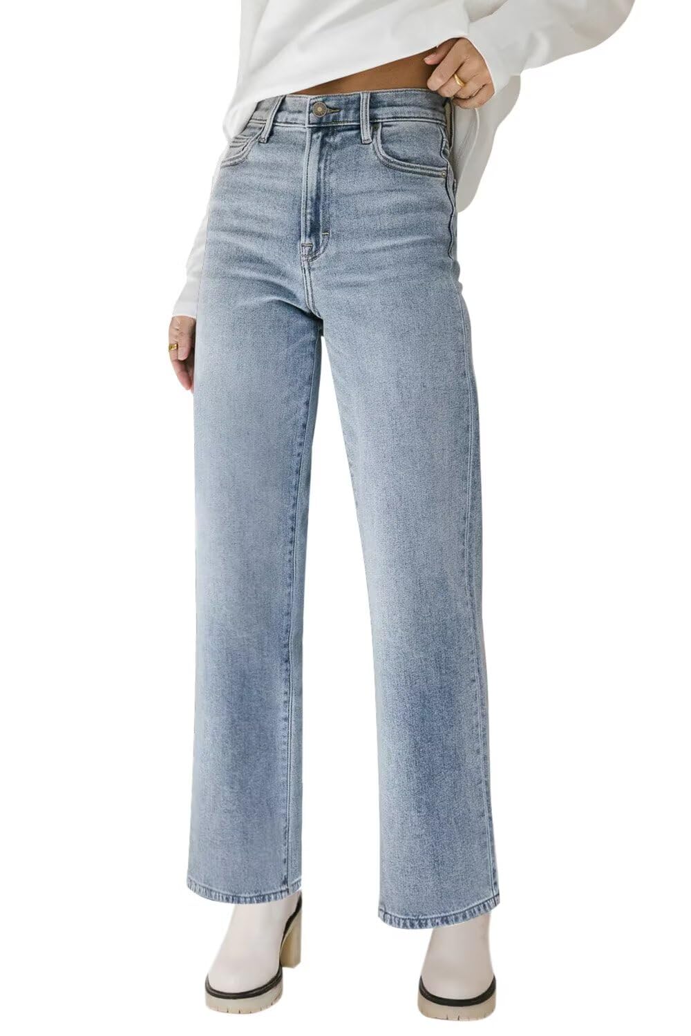 KDF Straight Leg Jeans for Women High Waisted Frayed Baggy Pants Stretchy Cropped Wide Leg Jeans