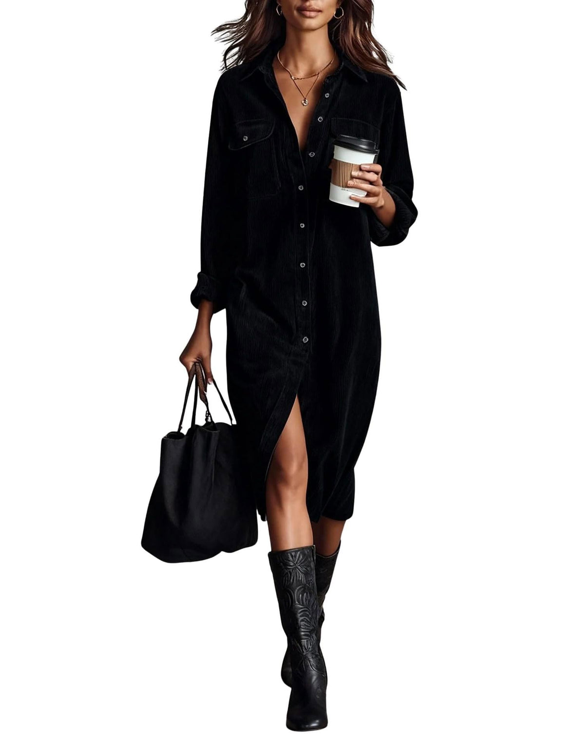 chouyatou Women's Fall Corduroy Button Down Shirt Dress Casual Lapel a Line Pleated Tunic Shift Midi Long Dress