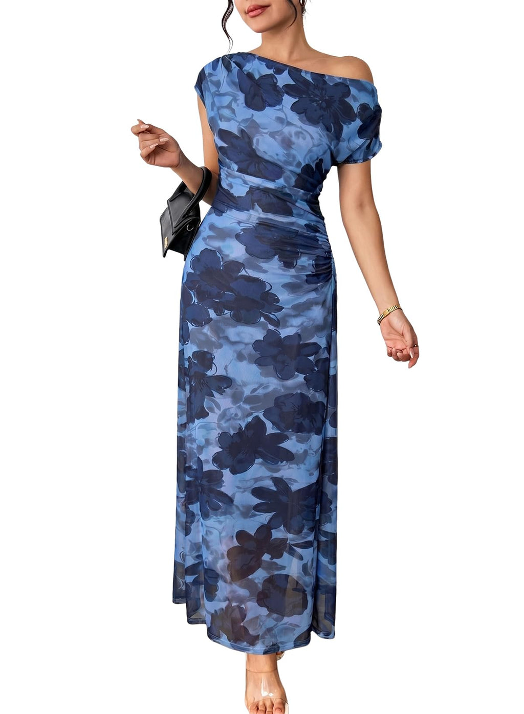 BLENCOT Women's Floral Off Shoulder Wedding Guest Dress Party Gown