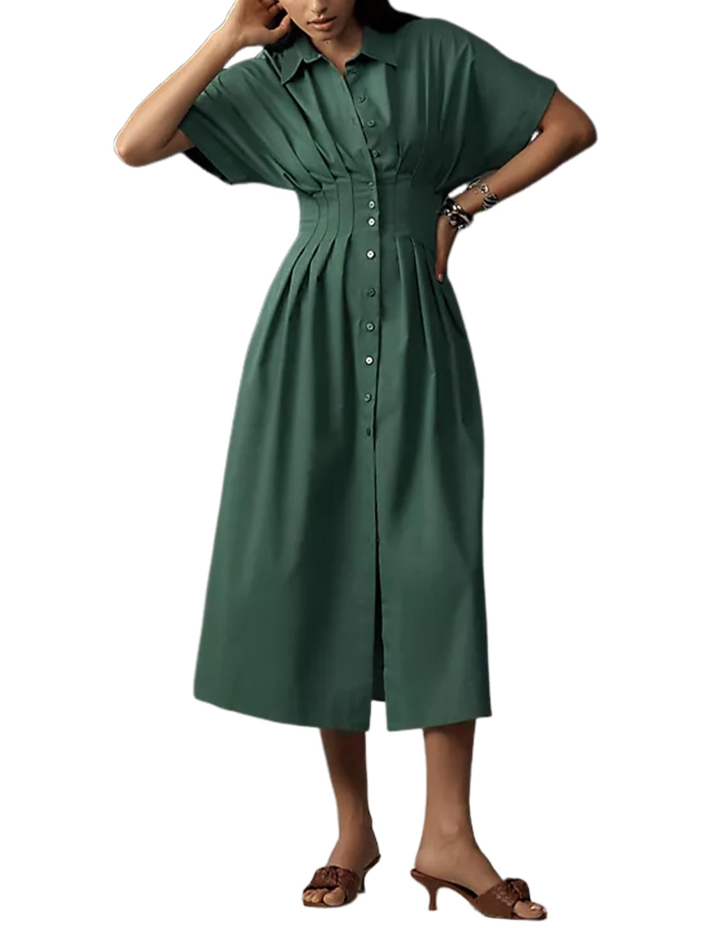 Yeokou Shirt Dress for Women Short Sleeve Button Front Casual Pleated Flowy Maxi Sundress with Pockets