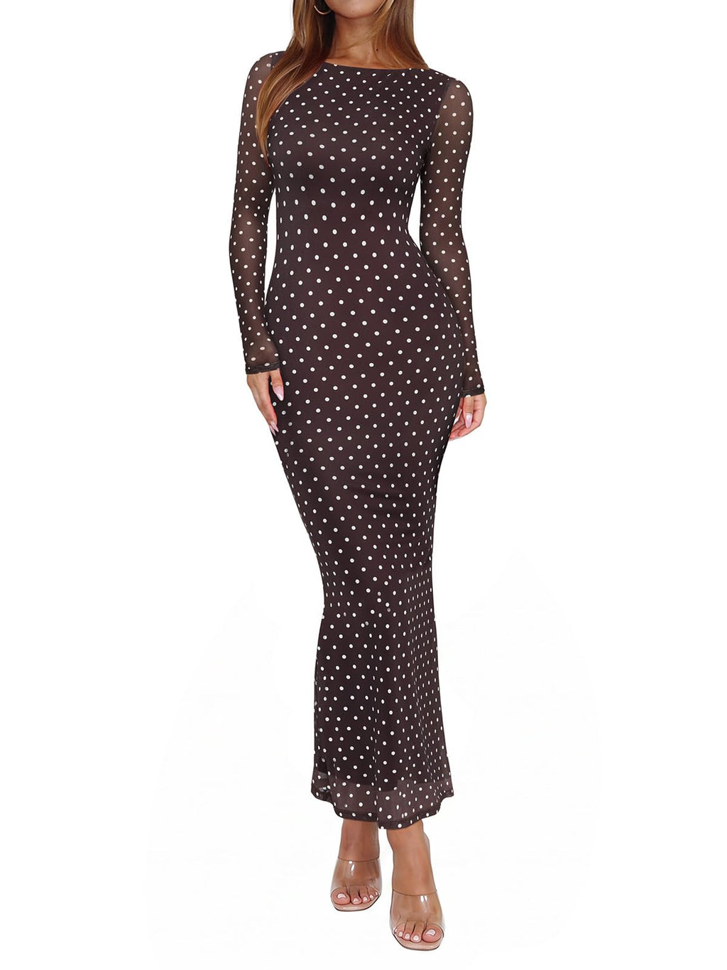 REORIA Women's Fall Mesh Sheer Long Sleeve Wedding Guest Dress Sexy Floral Bodycon Maxi Long Dresses
