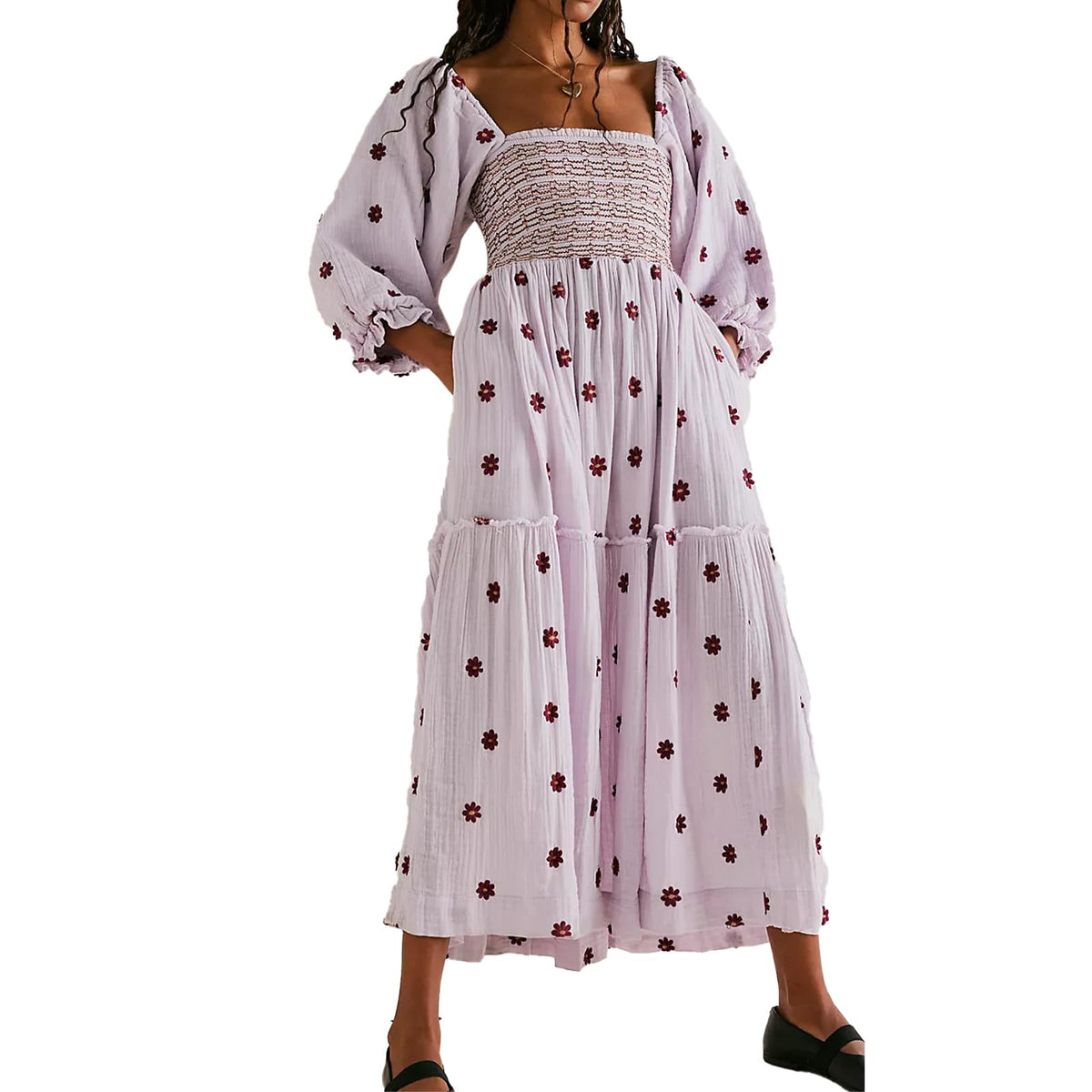 ABYOVRT Women Floral Embroidered Maxi Dress Long Puff Sleeve Square Neck Bohemian Flowy Dress with Pockets Summer Fall