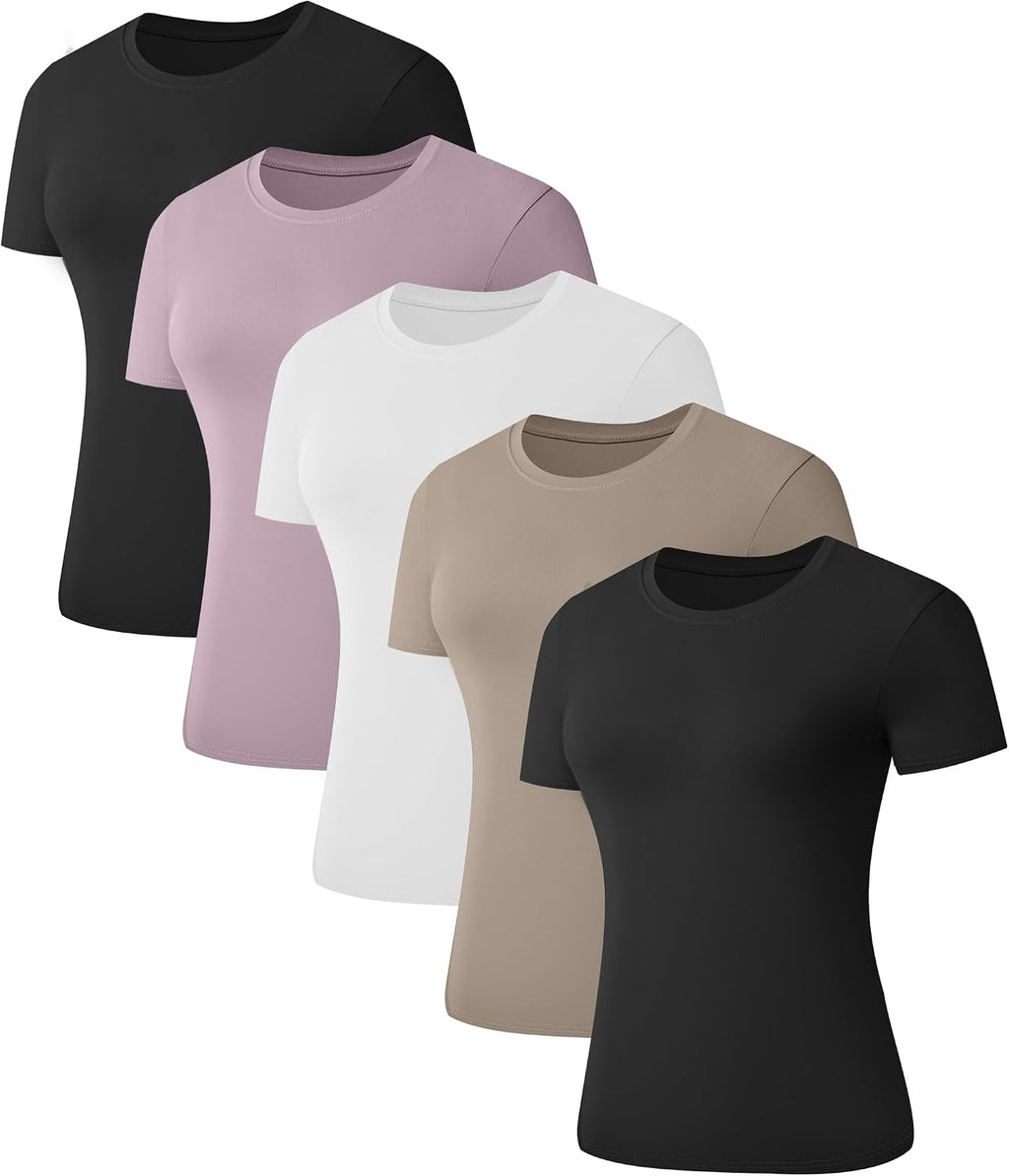 Kinglaman 1/5 Pack Women's Short Sleeve Basic T Shirts Tees Slim Fit Tops
