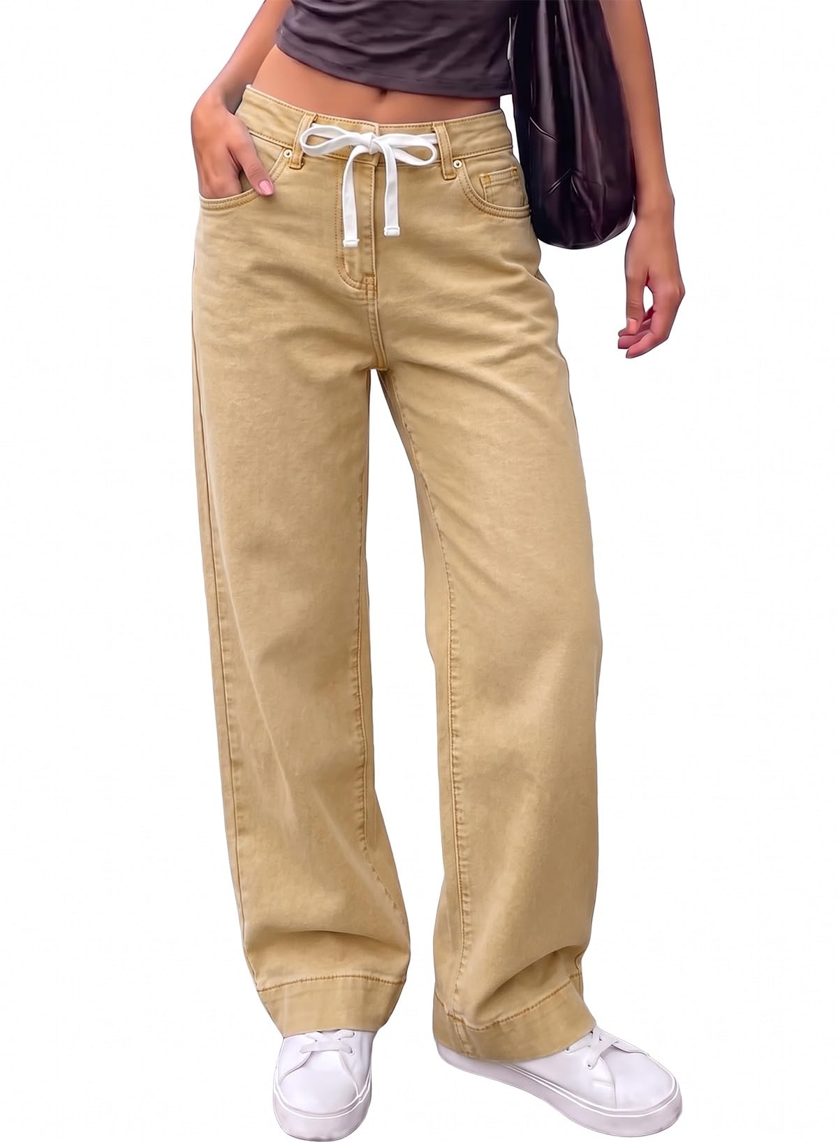 Sidefeel Women's High Waisted Straight Leg Jeans Drawstring Denim Pants