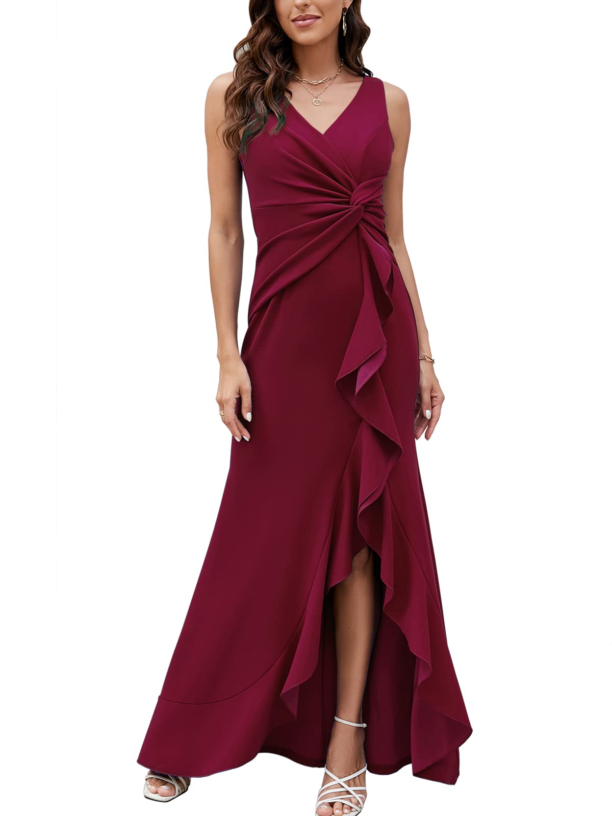 FQA Formal Evening Dresses for Women Elegant Evening Party Prom Dress Long Sexy V Neck Sleeveless Split Wrap
