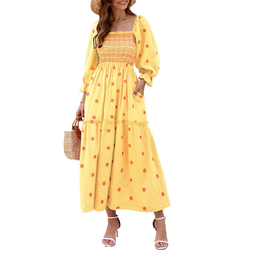 ABYOVRT Women Floral Embroidered Maxi Dress Long Puff Sleeve Square Neck Bohemian Flowy Dress with Pockets Summer Fall