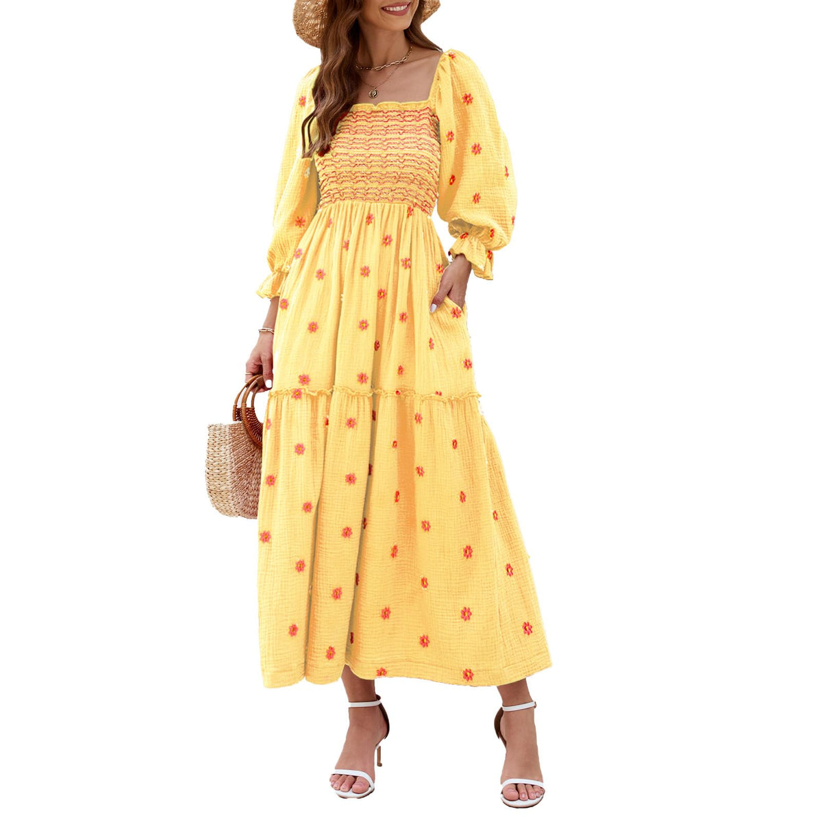 ABYOVRT Women Floral Embroidered Maxi Dress Long Puff Sleeve Square Neck Bohemian Flowy Dress with Pockets Summer Fall