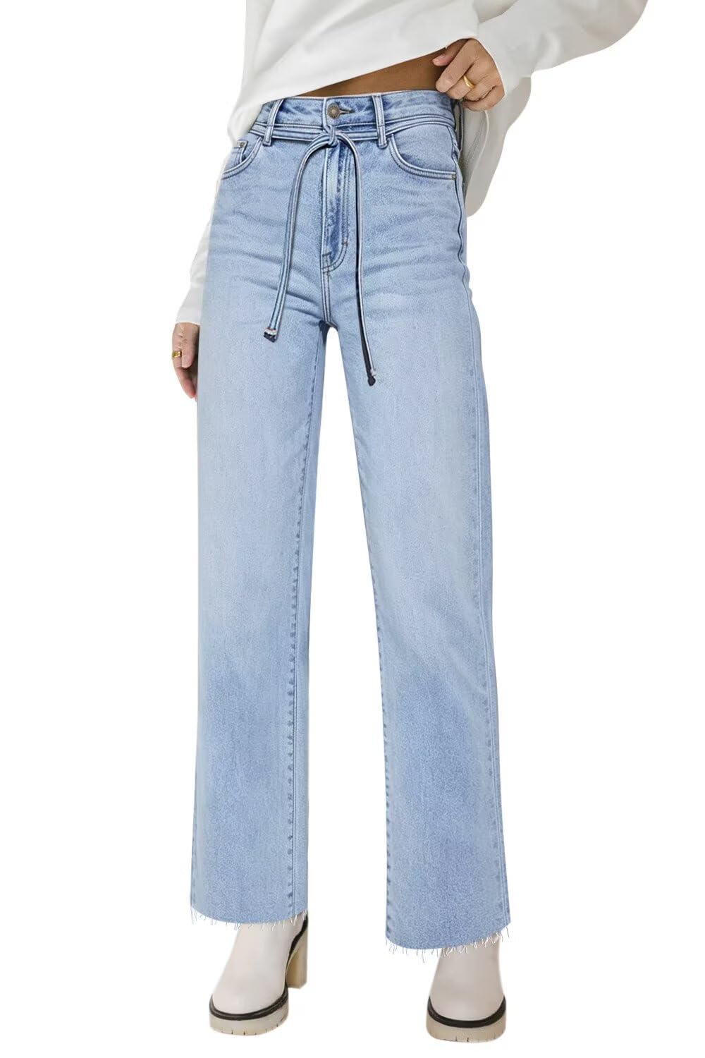 KDF Straight Leg Jeans for Women High Waisted Frayed Baggy Pants Stretchy Cropped Wide Leg Jeans