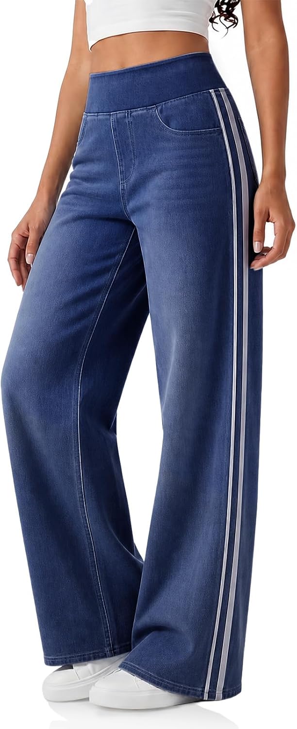 Cicy Bell Womens Pull On Jeans Wide Leg Stretchy Side Striped Denim Pants