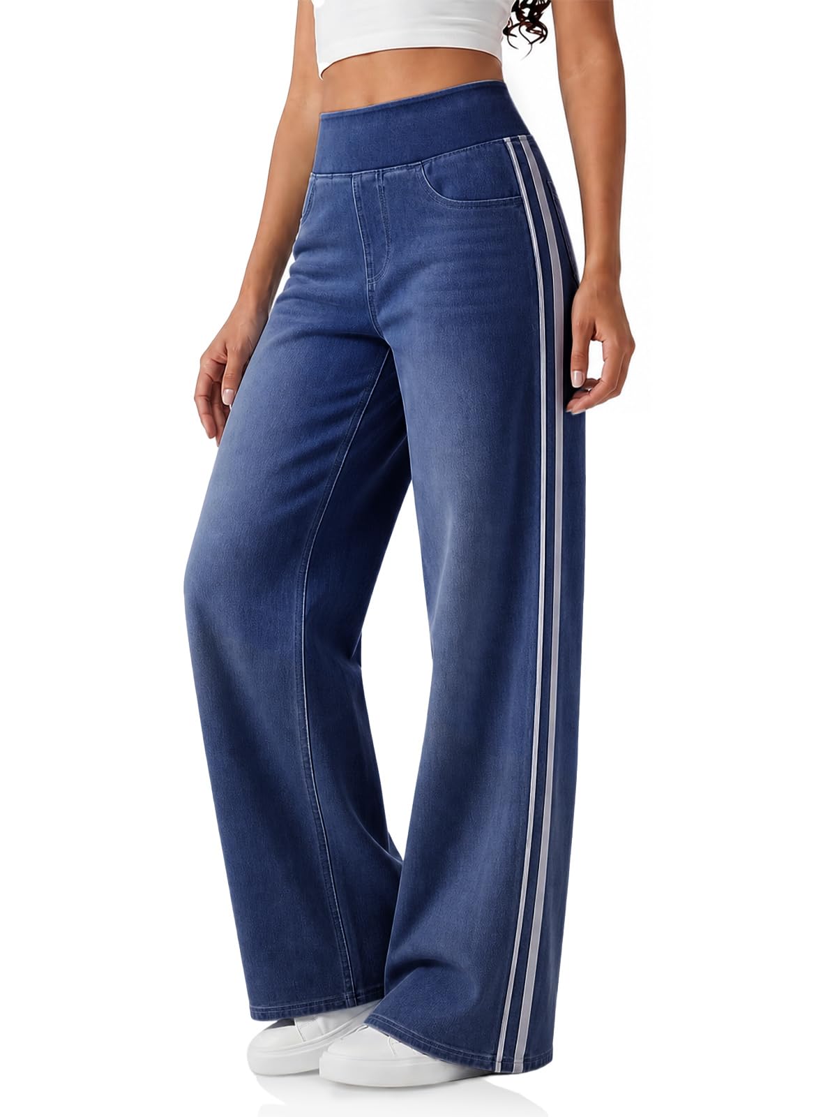 Cicy Bell Womens Pull On Jeans Wide Leg Stretchy Side Striped Denim Pants