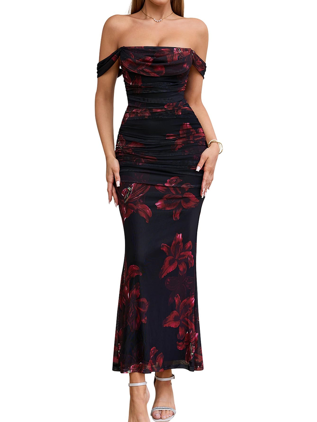 KUTUMAI Women Off Shoulder Maxi Long Corset Formal Wedding Guest Dress