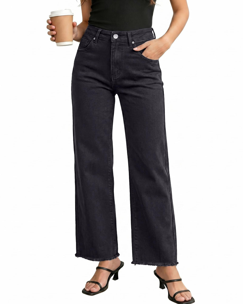 GRAPENT Straight Leg Jeans for Women High Waisted Stretchy Frayed Raw Hem Loose Denim Pants Casual Baggy Jean Trousers