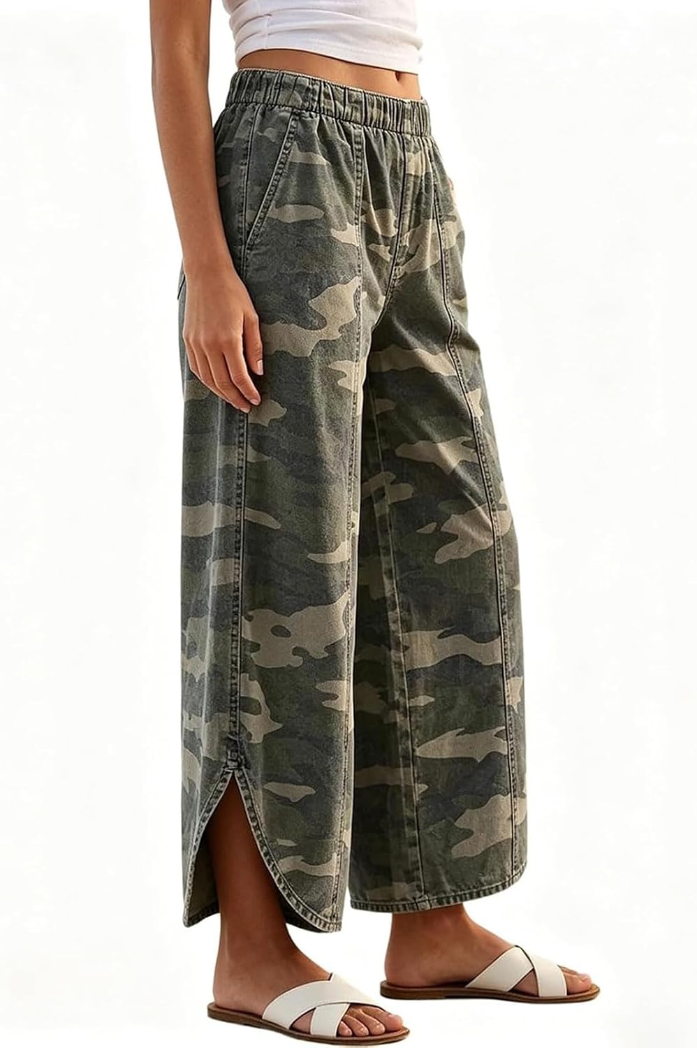 Women's Elastic Waist Wide Leg Jeans Tulip Hem Casual Cropped Denim Pants