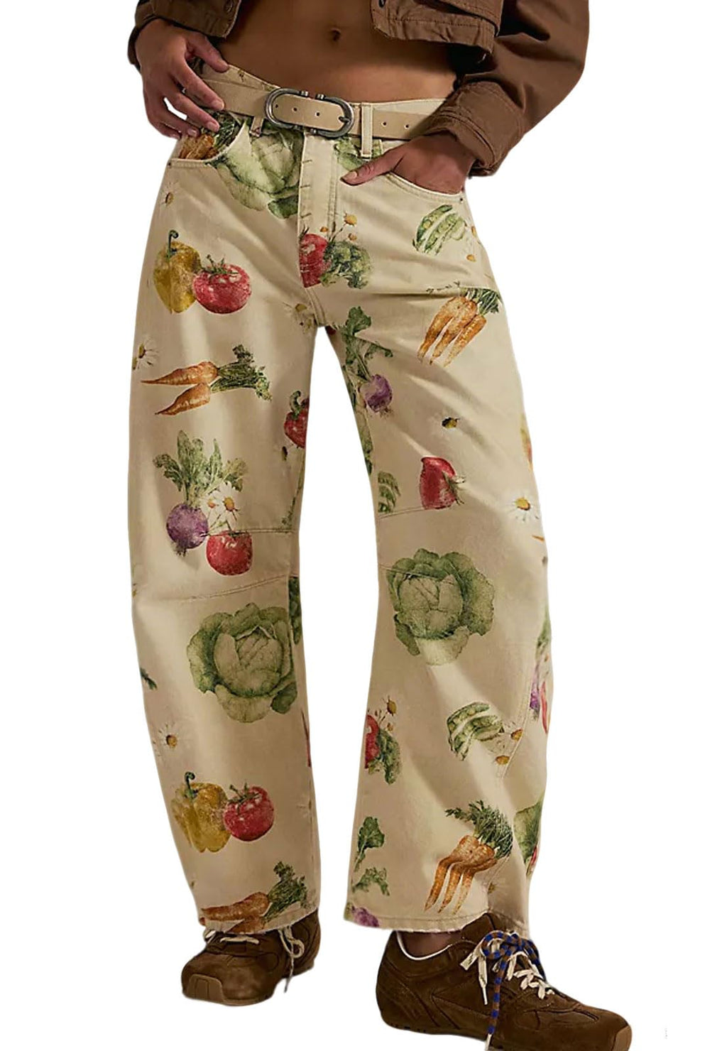 loveimgs Women Boyfriend Baggy Barrel Jeans Floral Print Denim Ankle Pants Wide Leg Mid Rise Jeans Sweatpants Y2k Patchwork