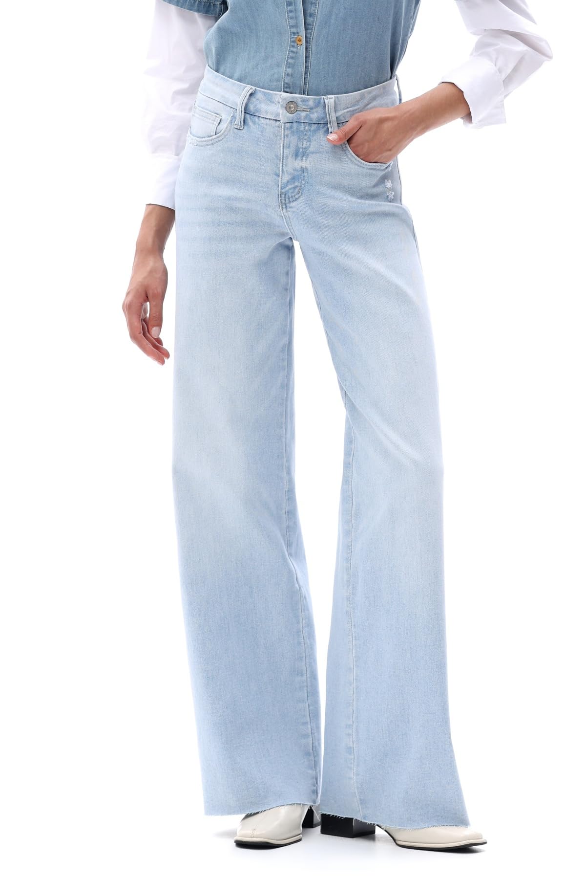 ONESO Women's Wide Leg Jeans Mid Rise High Stretch Denim Pants Raw Hem
