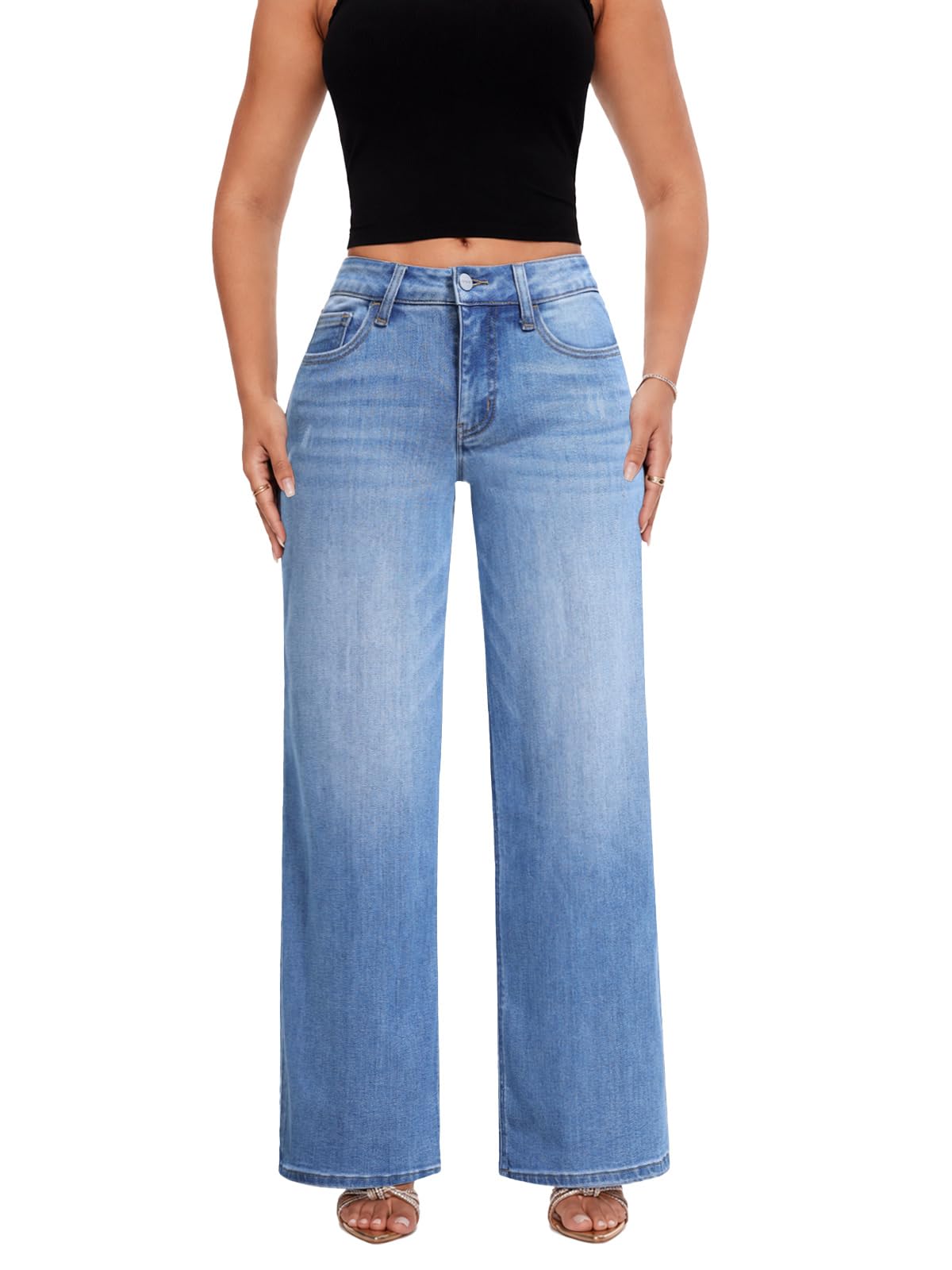 ONESO Wide Leg Jeans for Women Mid Low Rise Baggy Stretchy Denim Pants