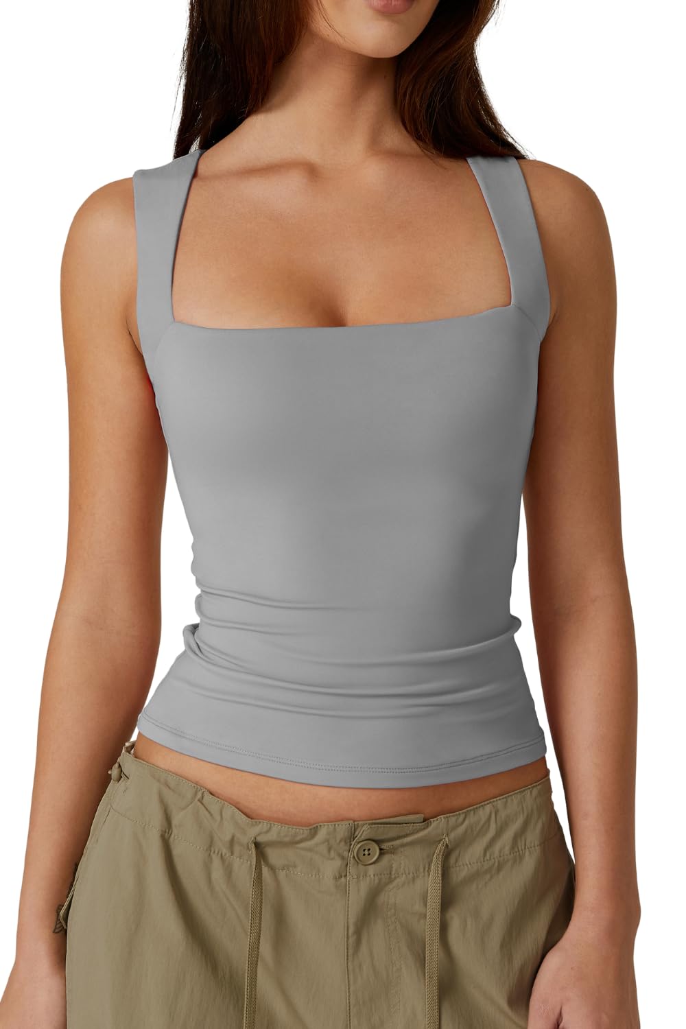 QINSEN Women's Square Neck Sleeveless Double-Layer Tank Tops Basic Tight T Shirts