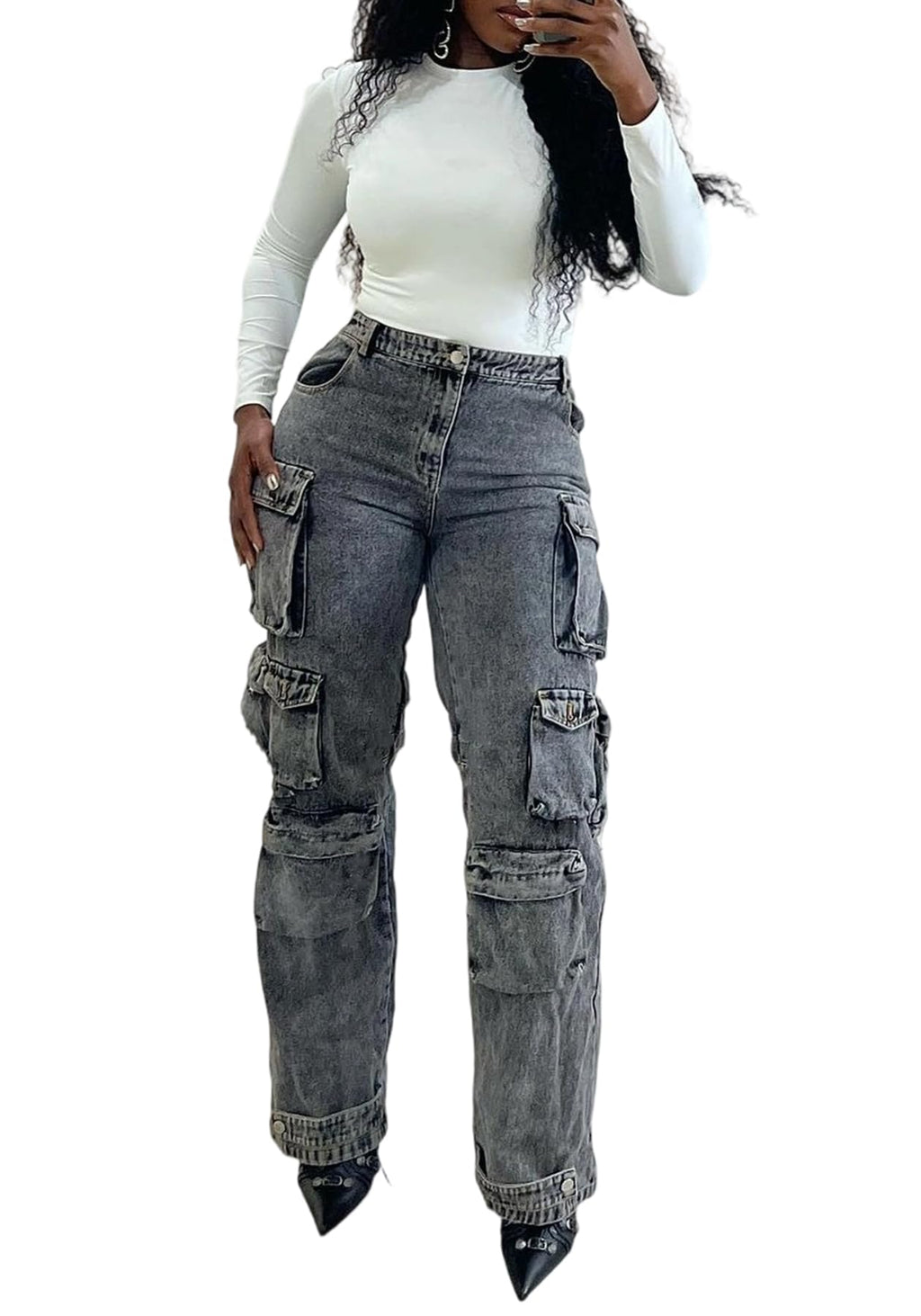 LKOUS Women's Cargo Baggy Straight Jeans Streetwear Y2K Multi Pocket