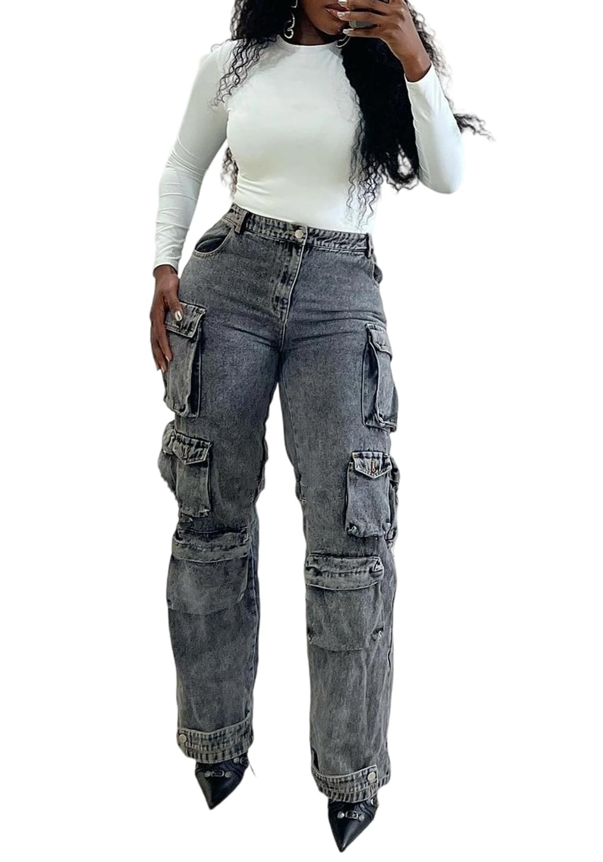 LKOUS Women's Cargo Baggy Straight Jeans Streetwear Y2K Multi Pocket