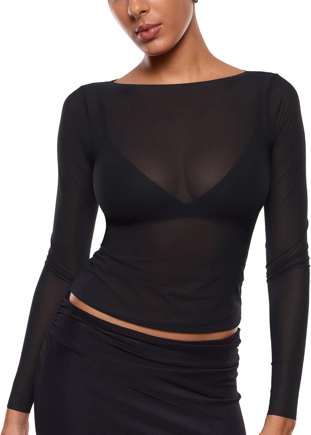 INLYRIC Women's Mesh Sheer Boat Neck Long Sleeve Tops