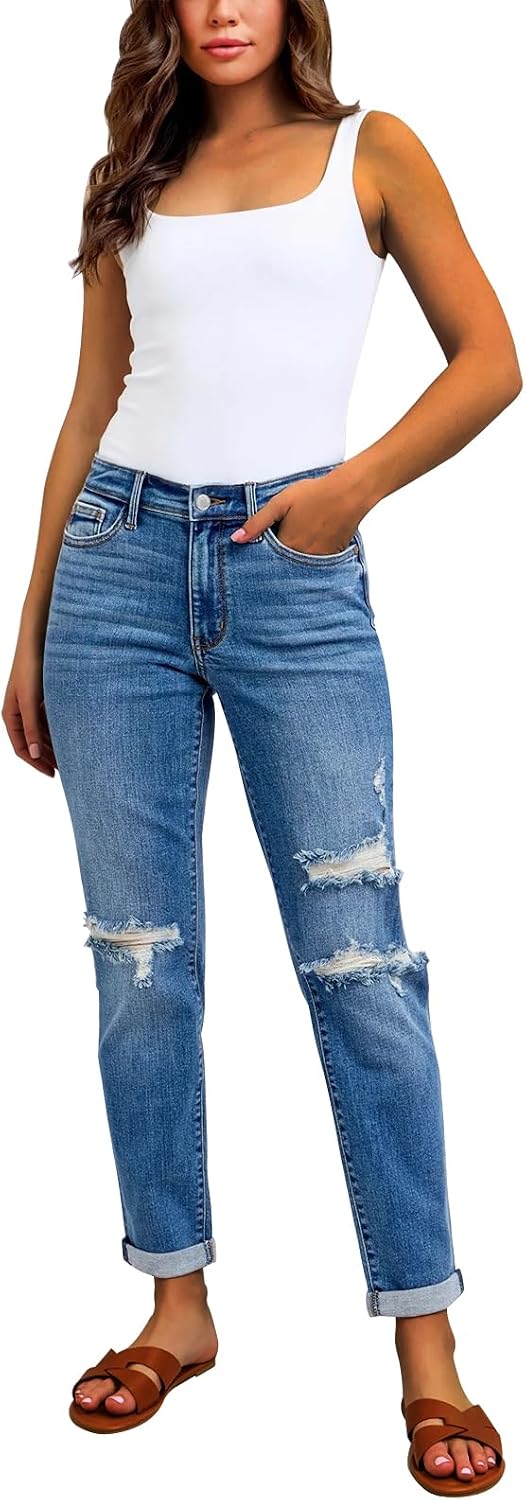 KUNMI Women's Ripped Mid Waisted Boyfriend Jeans Loose Fit Distressed Stretchy Denim Pants