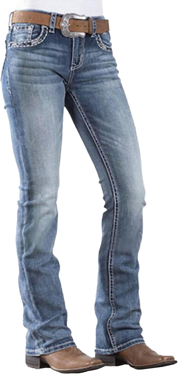Women's Mid Rise Bootcut Jeans Western Stretchy Straight Leg Denim Pants