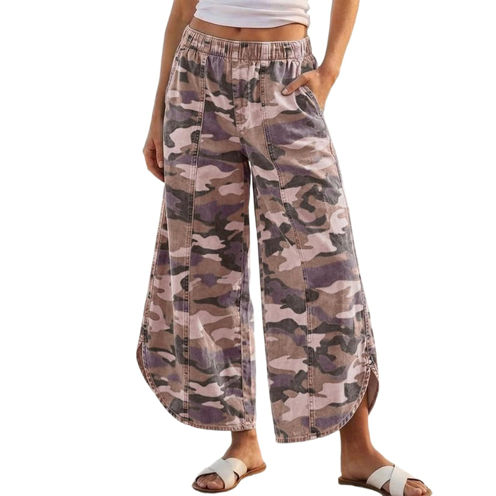 Women's Elastic Waist Wide Leg Jeans Tulip Hem Casual Cropped Denim Pants