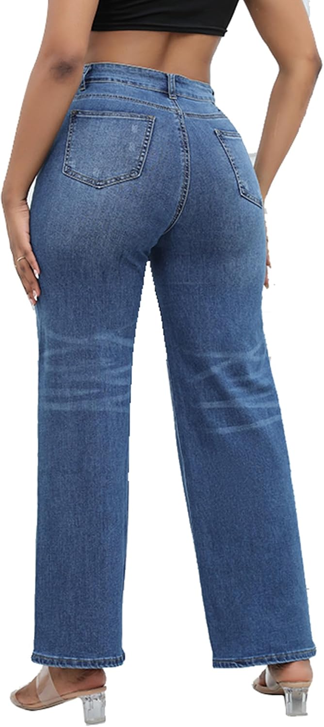 THUNDER STAR Womens High Waisted Wide Leg Jeans Stretchy Distressed Denim Pants