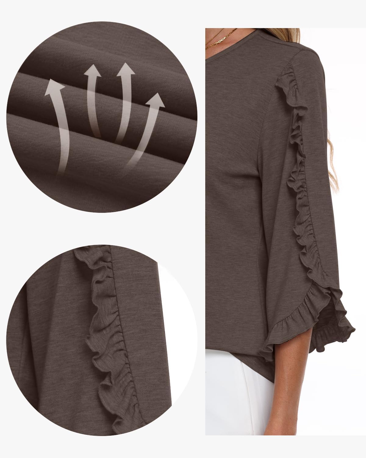 3/4 Length Sleeve Womens Tops Crewneck Ruffle Sleeve Shirts Dressy Casual Blouse Summer Fall Fashion Business Outfit